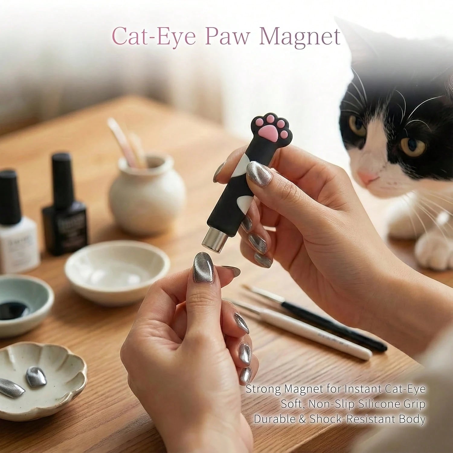 Cute Paw Handle Cat Eye Nail Auxiliary Styling Tool Set,3Pcs Multi Shape Light Forming Wands Manicure Tools