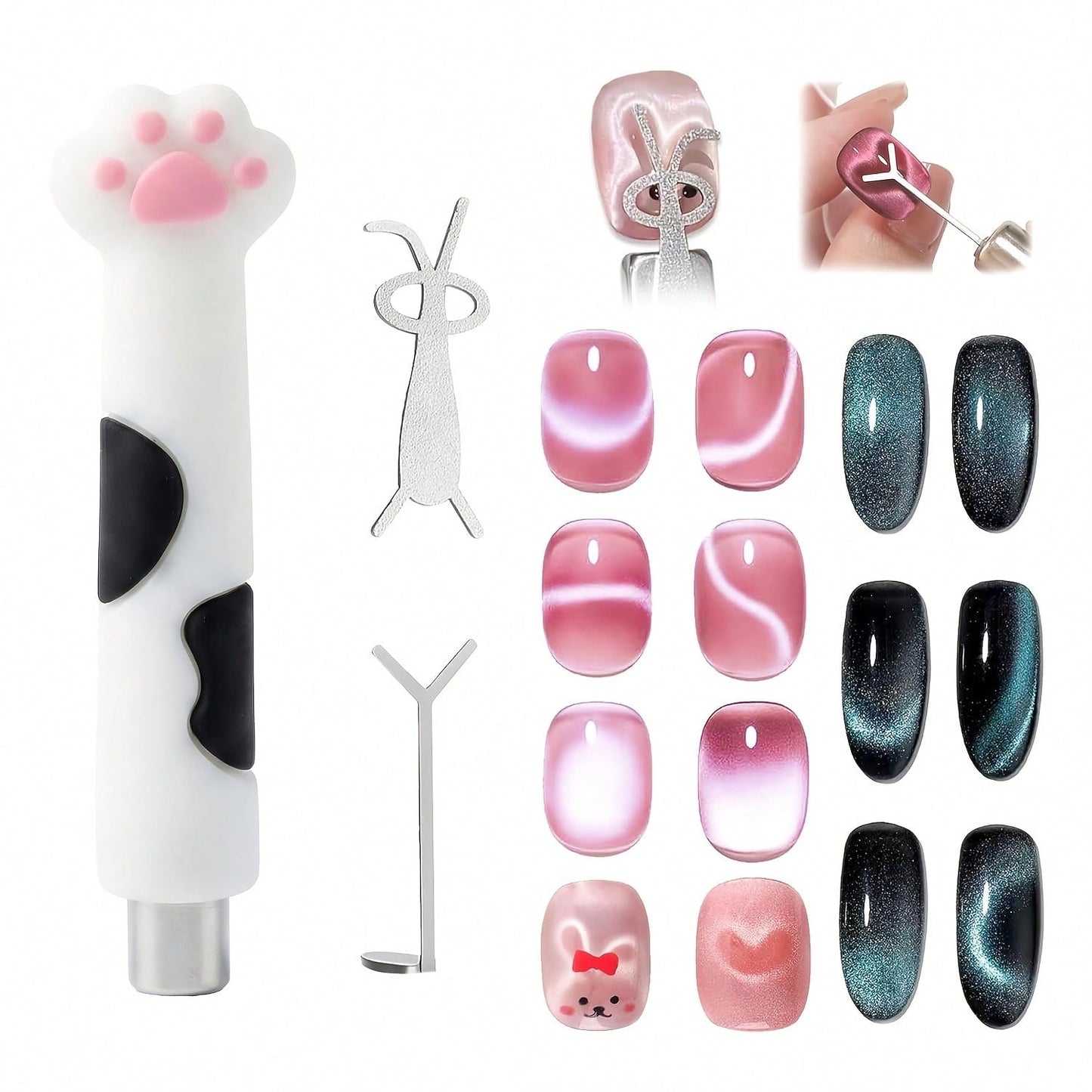 Cute Paw Handle Cat Eye Nail Auxiliary Styling Tool Set,3Pcs Multi Shape Light Forming Wands Manicure Tools