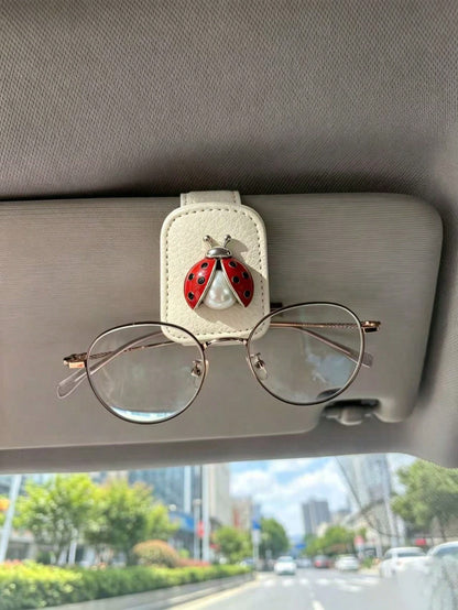 Cute Pearl Seven-Star Ladybug Leather Car Visor Glasses Clip, Fashion Glasses And Parking Ticket Dual-Use Storage Holder