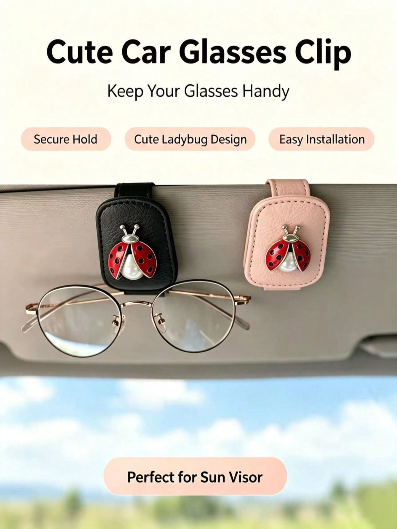 Cute Pearl Seven-Star Ladybug Leather Car Visor Glasses Clip, Fashion Glasses And Parking Ticket Dual-Use Storage Holder