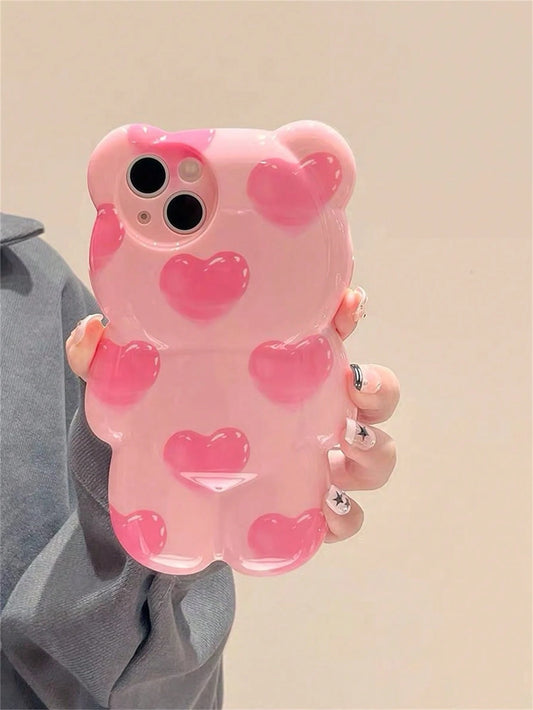 Cute Pink Bear Element Novelty Case Shockproof Waterproof Funny Pink 3D Heart Teddy Bear Designed Phone Case Compatible With Iphone Kawaii Anti-Fall Scratch Resistant Spring Birthday Gift