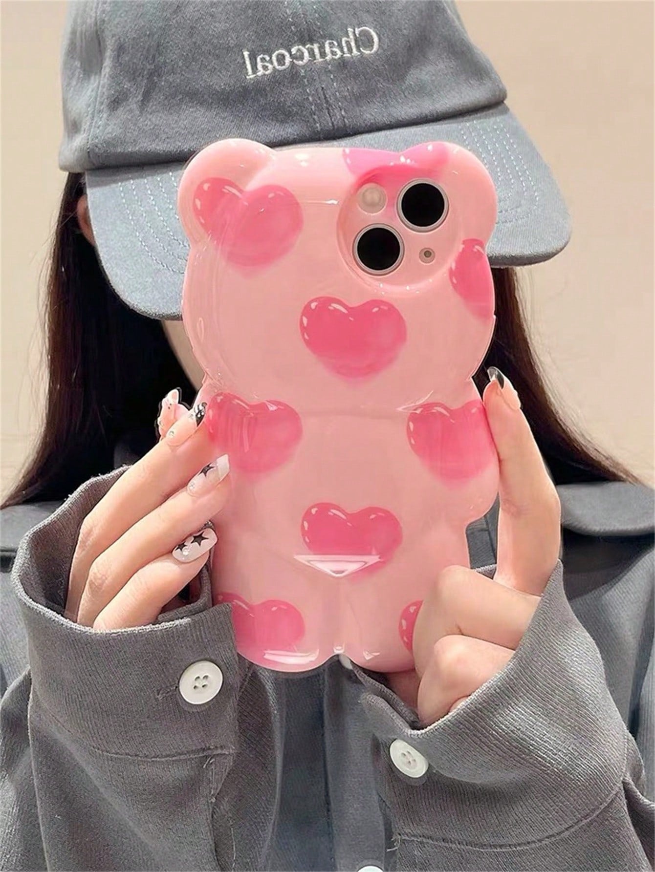 Cute Pink Bear Element Novelty Case Shockproof Waterproof Funny Pink 3D Heart Teddy Bear Designed Phone Case Compatible With Iphone Kawaii Anti-Fall Scratch Resistant Spring Birthday Gift