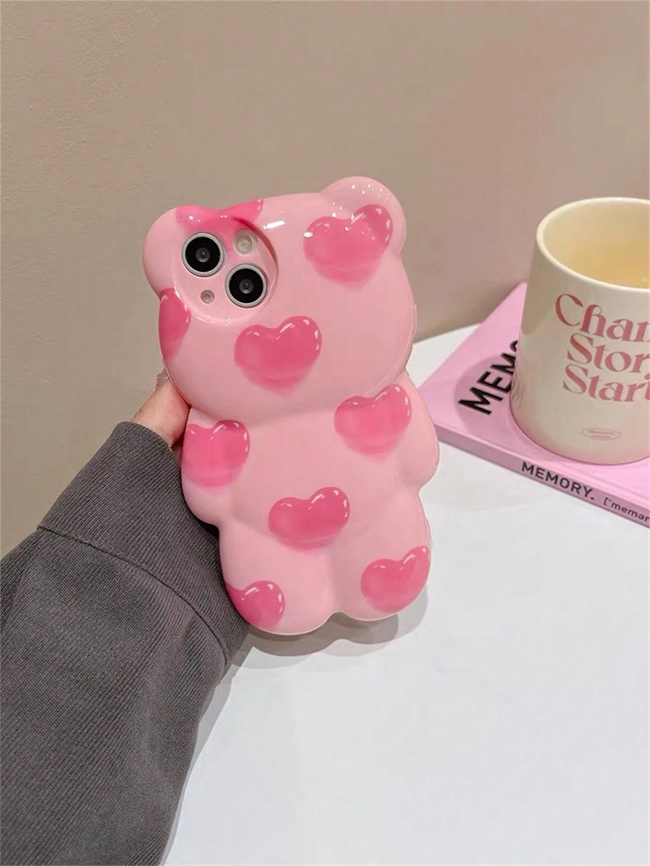 Cute Pink Bear Element Novelty Case Shockproof Waterproof Funny Pink 3D Heart Teddy Bear Designed Phone Case Compatible With Iphone Kawaii Anti-Fall Scratch Resistant Spring Birthday Gift