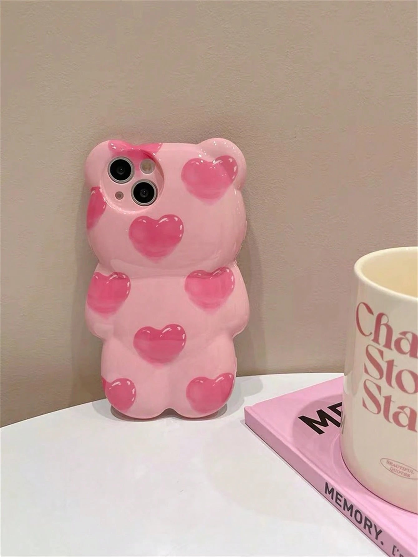 Cute Pink Bear Element Novelty Case Shockproof Waterproof Funny Pink 3D Heart Teddy Bear Designed Phone Case Compatible With Iphone Kawaii Anti-Fall Scratch Resistant Spring Birthday Gift