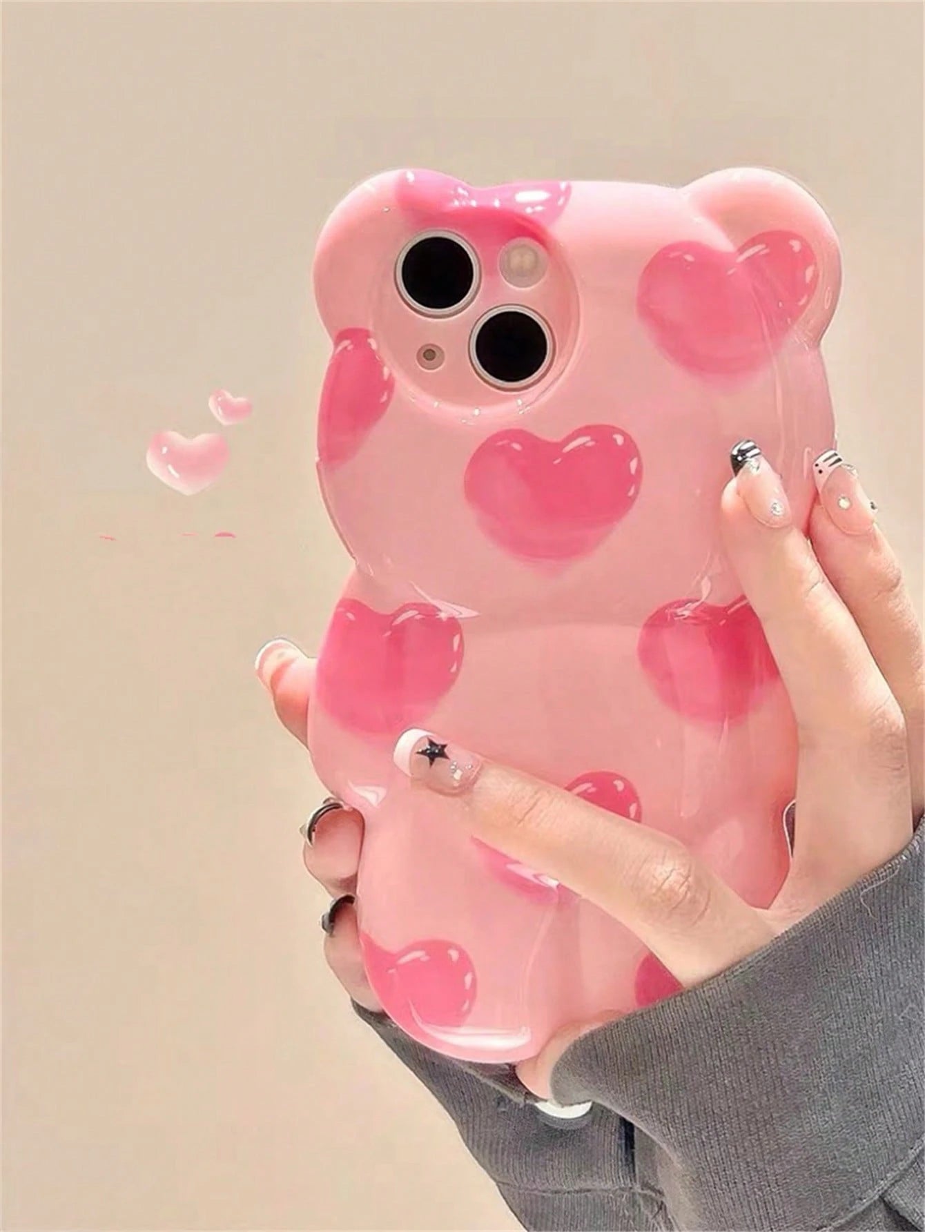 Cute Pink Bear Element Novelty Case Shockproof Waterproof Funny Pink 3D Heart Teddy Bear Designed Phone Case Compatible With Iphone Kawaii Anti-Fall Scratch Resistant Spring Birthday Gift