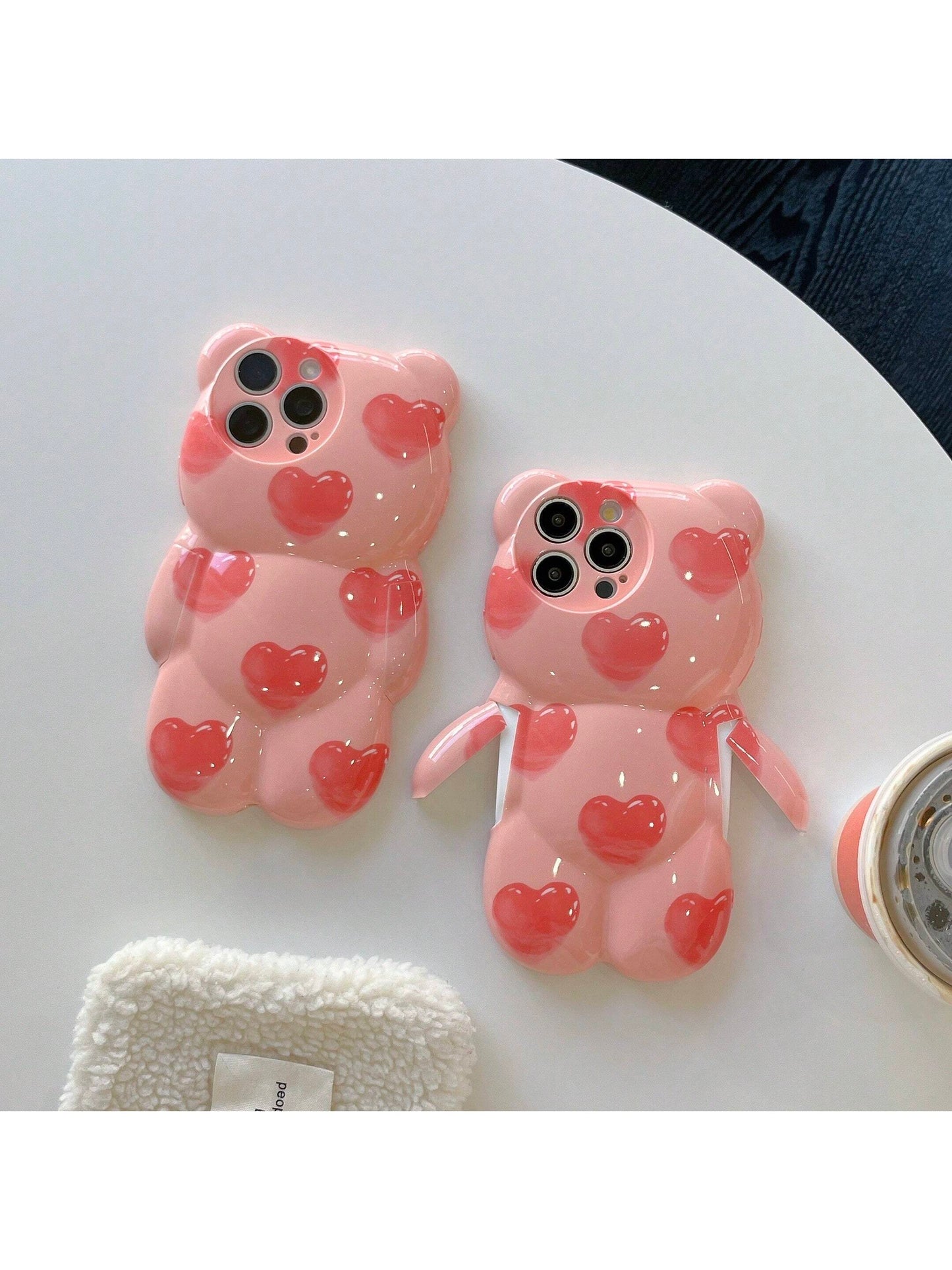 Cute Pink Bear Element Novelty Case Shockproof Waterproof Funny Pink 3D Heart Teddy Bear Designed Phone Case Compatible With Iphone Kawaii Anti-Fall Scratch Resistant Spring Birthday Gift