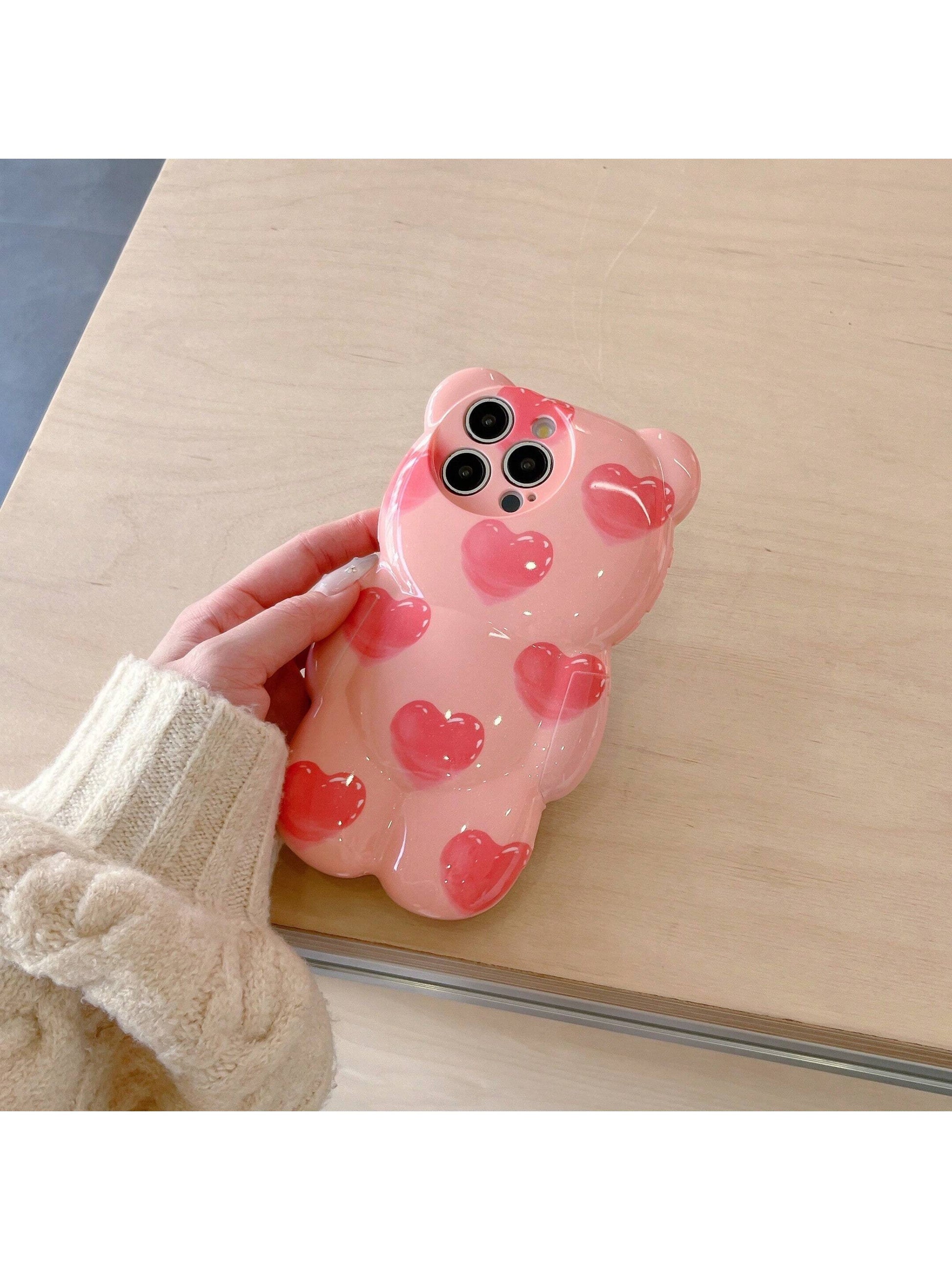 Cute Pink Bear Element Novelty Case Shockproof Waterproof Funny Pink 3D Heart Teddy Bear Designed Phone Case Compatible With Iphone Kawaii Anti-Fall Scratch Resistant Spring Birthday Gift