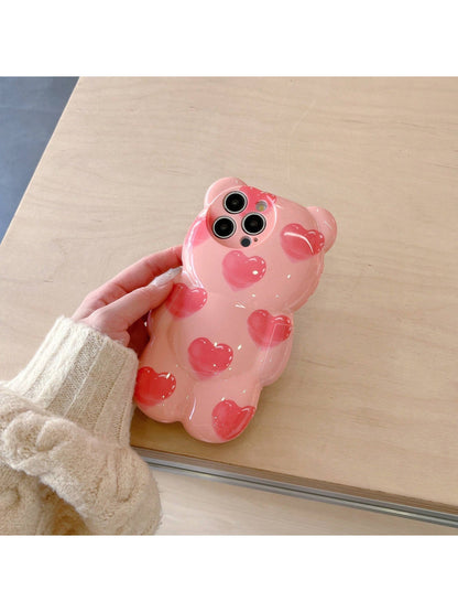 Cute Pink Bear Element Novelty Case Shockproof Waterproof Funny Pink 3D Heart Teddy Bear Designed Phone Case Compatible With Iphone Kawaii Anti-Fall Scratch Resistant Spring Birthday Gift