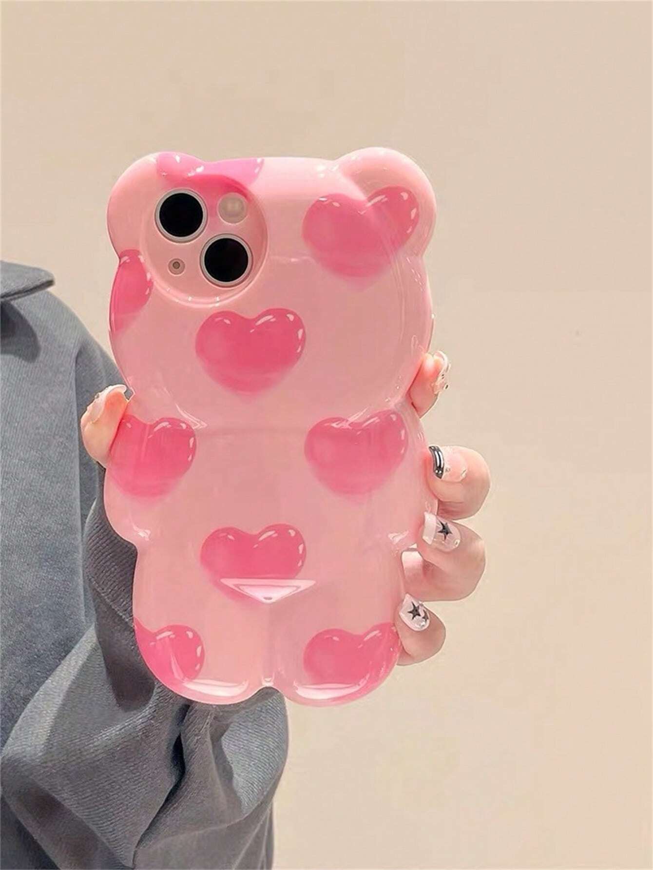 Cute Pink Bear Element Novelty Case Shockproof Waterproof Funny Pink 3D Heart Teddy Bear Designed Phone Case Compatible With Iphone Kawaii Anti-Fall Scratch Resistant Spring Birthday Gift