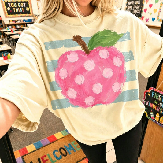 Cute Pink Polka Dot Apple Shirt School Teacher Graphic Tee Aesthetic Pastel Fruit Top Elementary School Teacher Outfit Gift For Her