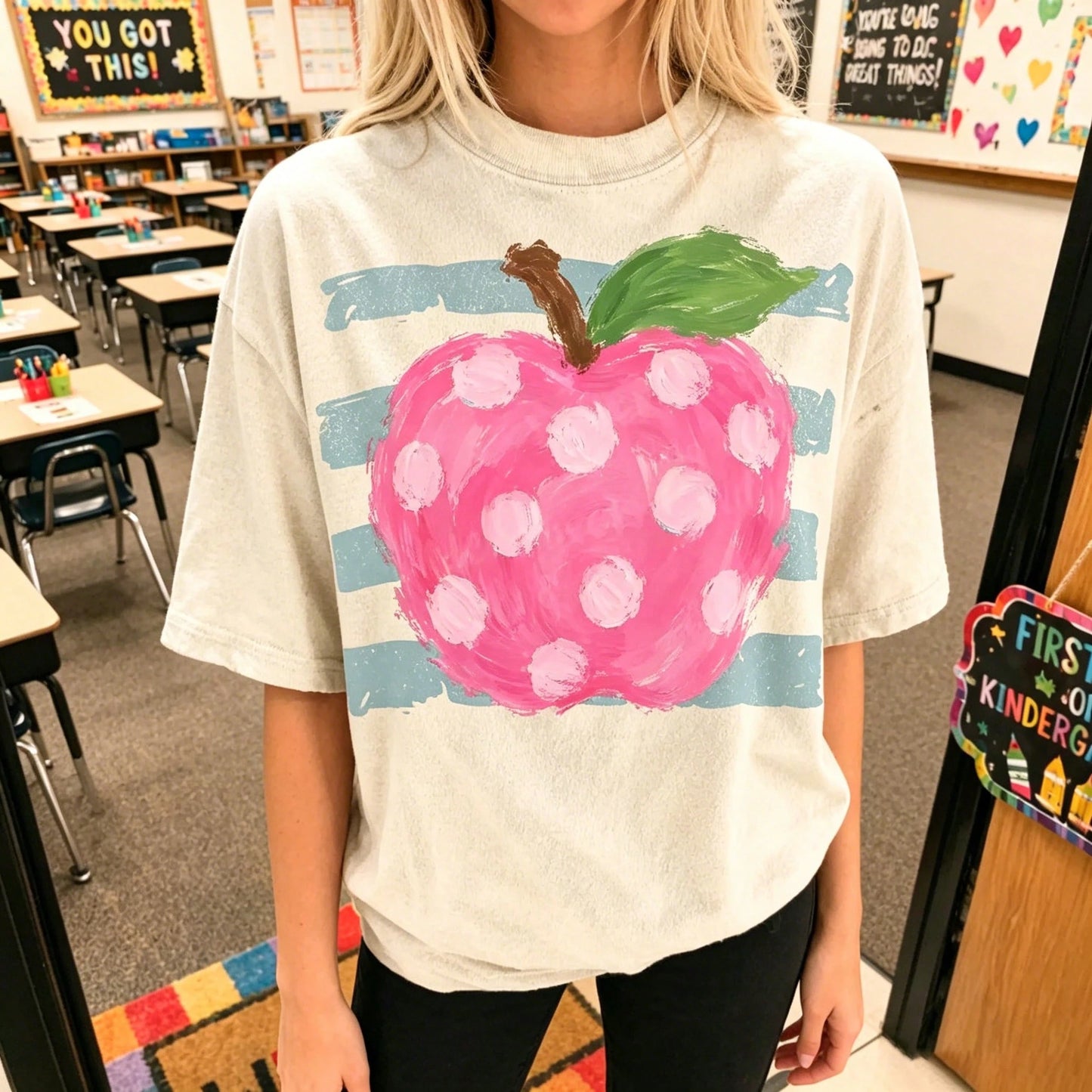 Cute Pink Polka Dot Apple Shirt School Teacher Graphic Tee Aesthetic Pastel Fruit Top Elementary School Teacher Outfit Gift For Her