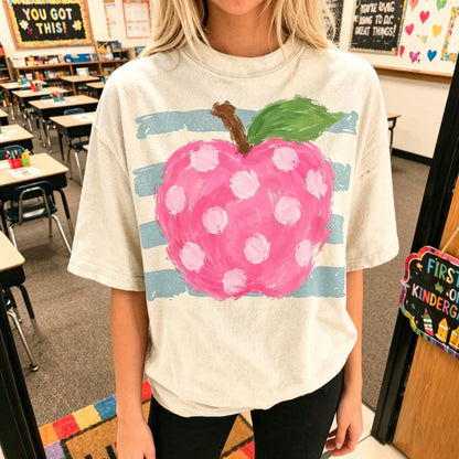 Cute Pink Polka Dot Apple Shirt School Teacher Graphic Tee Aesthetic Pastel Fruit Top Elementary School Teacher Outfit Gift For Her