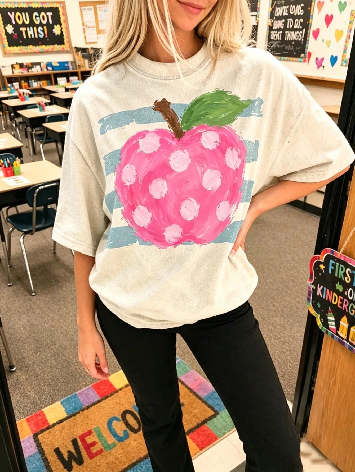 Cute Pink Polka Dot Apple Shirt School Teacher Graphic Tee Aesthetic Pastel Fruit Top Elementary School Teacher Outfit Gift For Her