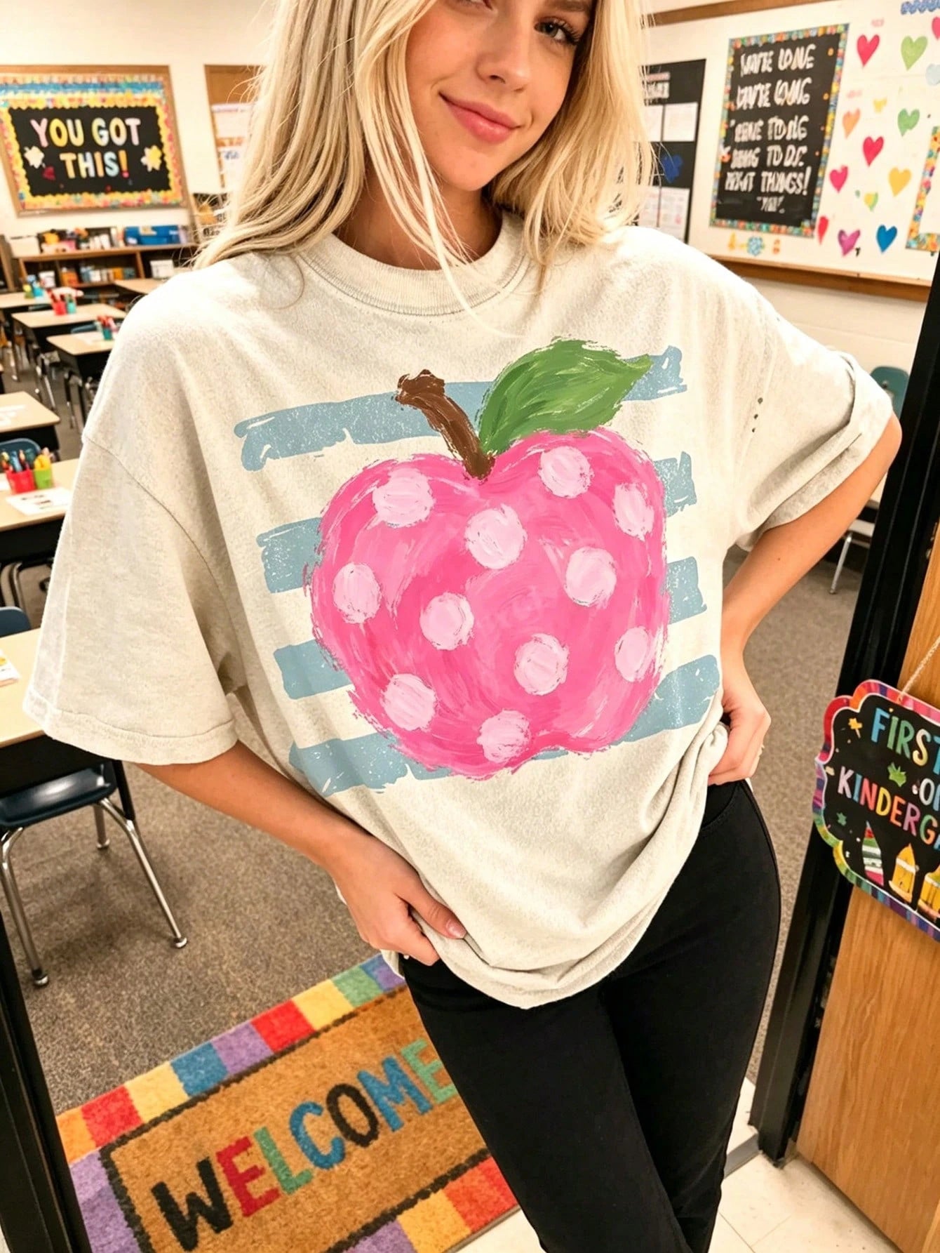 Cute Pink Polka Dot Apple Shirt School Teacher Graphic Tee Aesthetic Pastel Fruit Top Elementary School Teacher Outfit Gift For Her