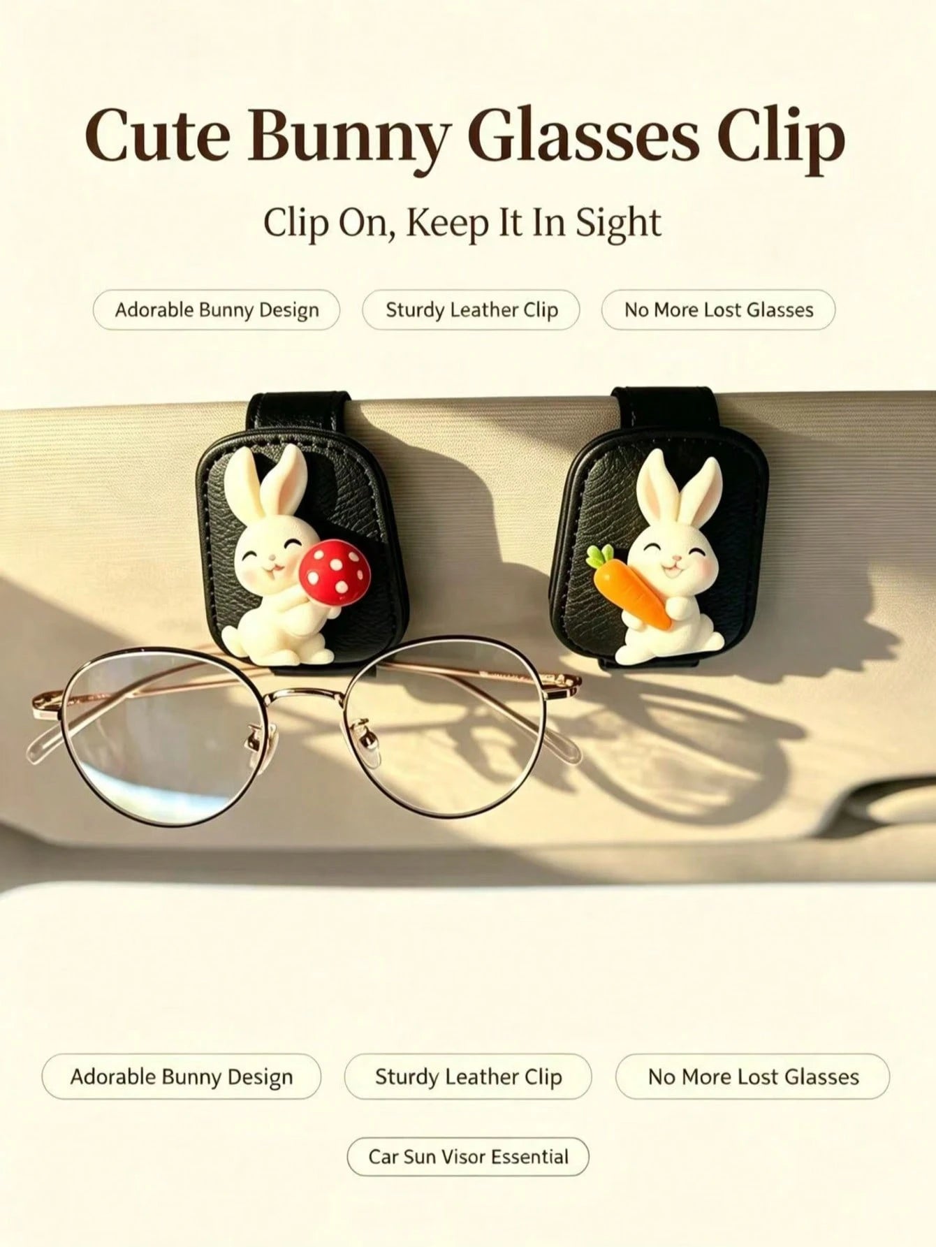 Cute Rabbit Carrot Mushroom Car Visor Glasses Clip, Black Leather Fashion Glasses & Ticket Holder, Soft Adorable Girl Car Interior Storage Accessory