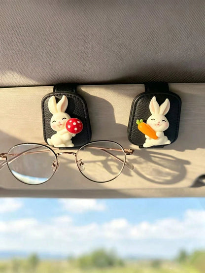 Cute Rabbit Carrot Mushroom Car Visor Glasses Clip, Black Leather Fashion Glasses & Ticket Holder, Soft Adorable Girl Car Interior Storage Accessory