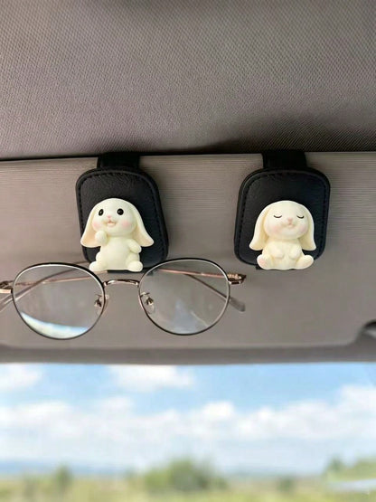 Cute Rabbit Carrot Mushroom Car Visor Glasses Clip, Black Leather Fashion Glasses & Ticket Holder, Soft Adorable Girl Car Interior Storage Accessory