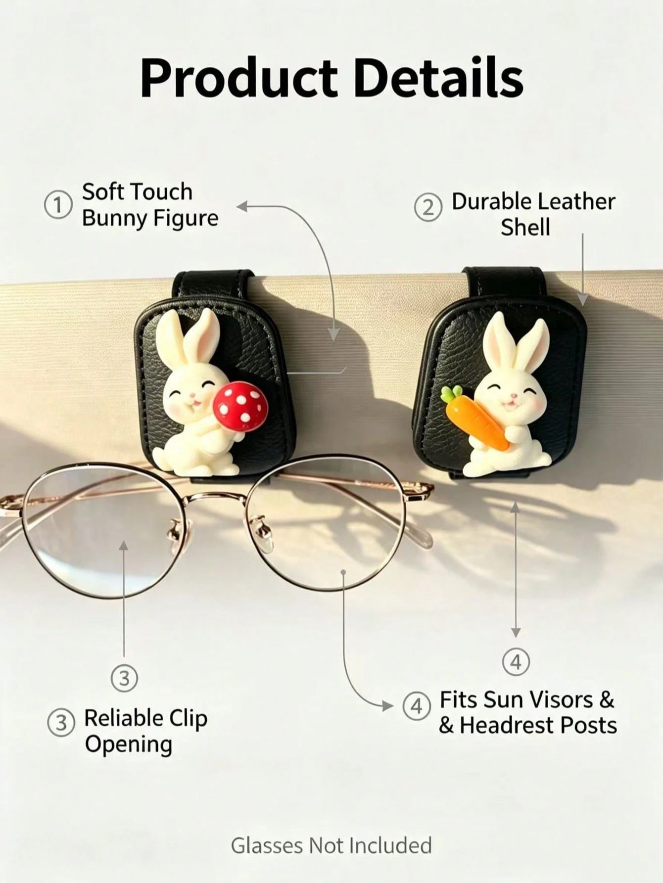 Cute Rabbit Carrot Mushroom Car Visor Glasses Clip, Black Leather Fashion Glasses & Ticket Holder, Soft Adorable Girl Car Interior Storage Accessory