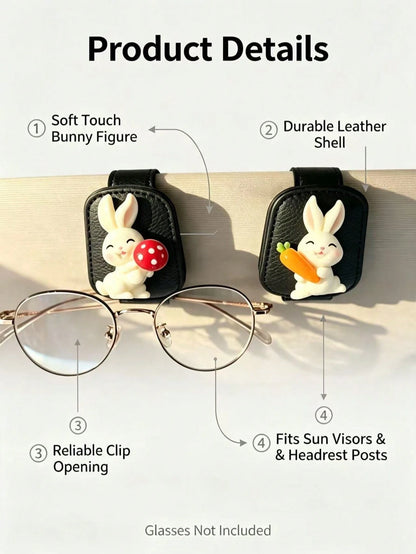 Cute Rabbit Carrot Mushroom Car Visor Glasses Clip, Black Leather Fashion Glasses & Ticket Holder, Soft Adorable Girl Car Interior Storage Accessory