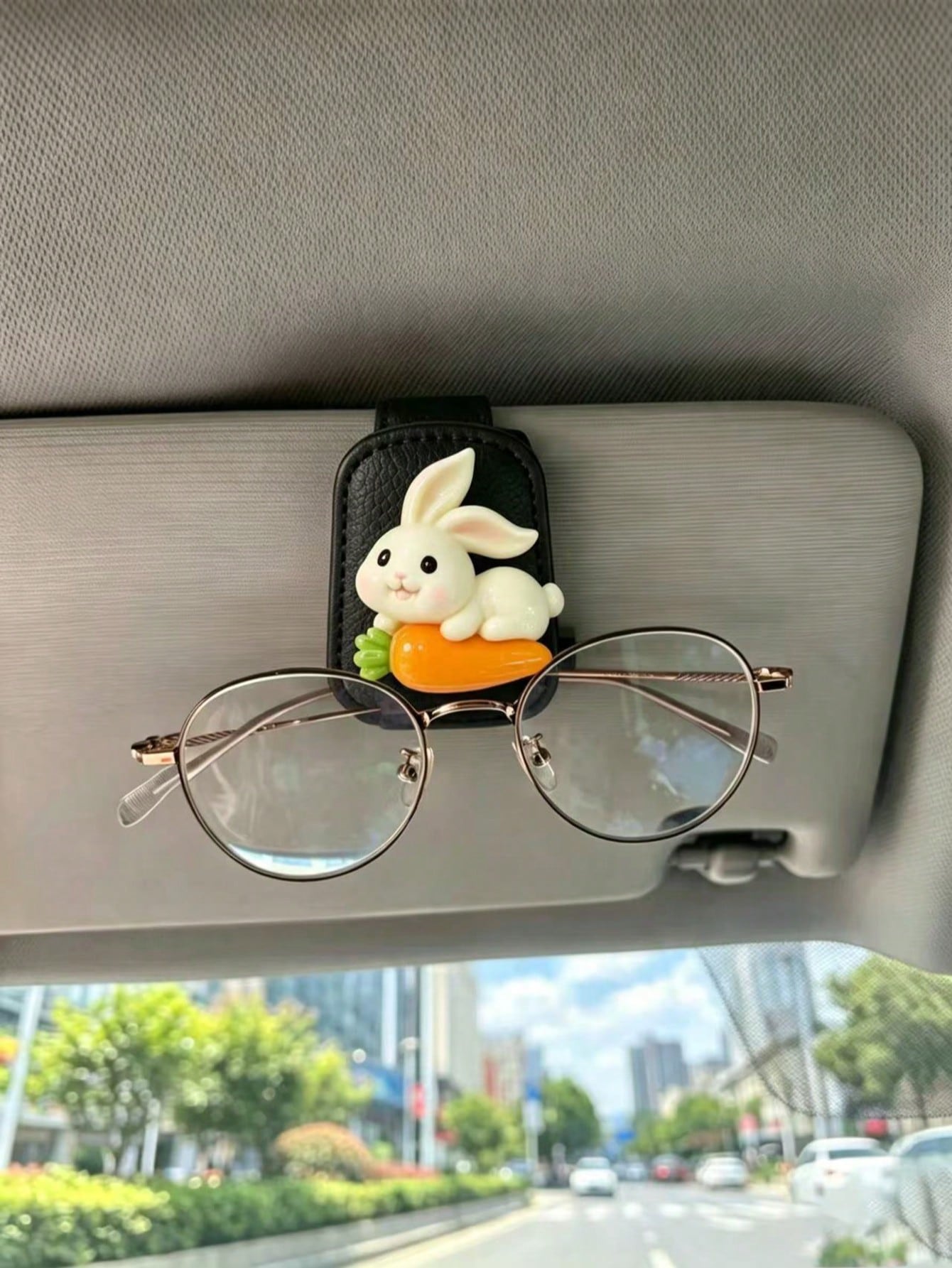 Cute Rabbit Carrot Mushroom Car Visor Glasses Clip, Black Leather Fashion Glasses & Ticket Holder, Soft Adorable Girl Car Interior Storage Accessory