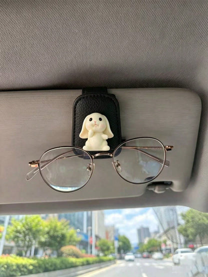 Cute Rabbit Carrot Mushroom Car Visor Glasses Clip, Black Leather Fashion Glasses & Ticket Holder, Soft Adorable Girl Car Interior Storage Accessory
