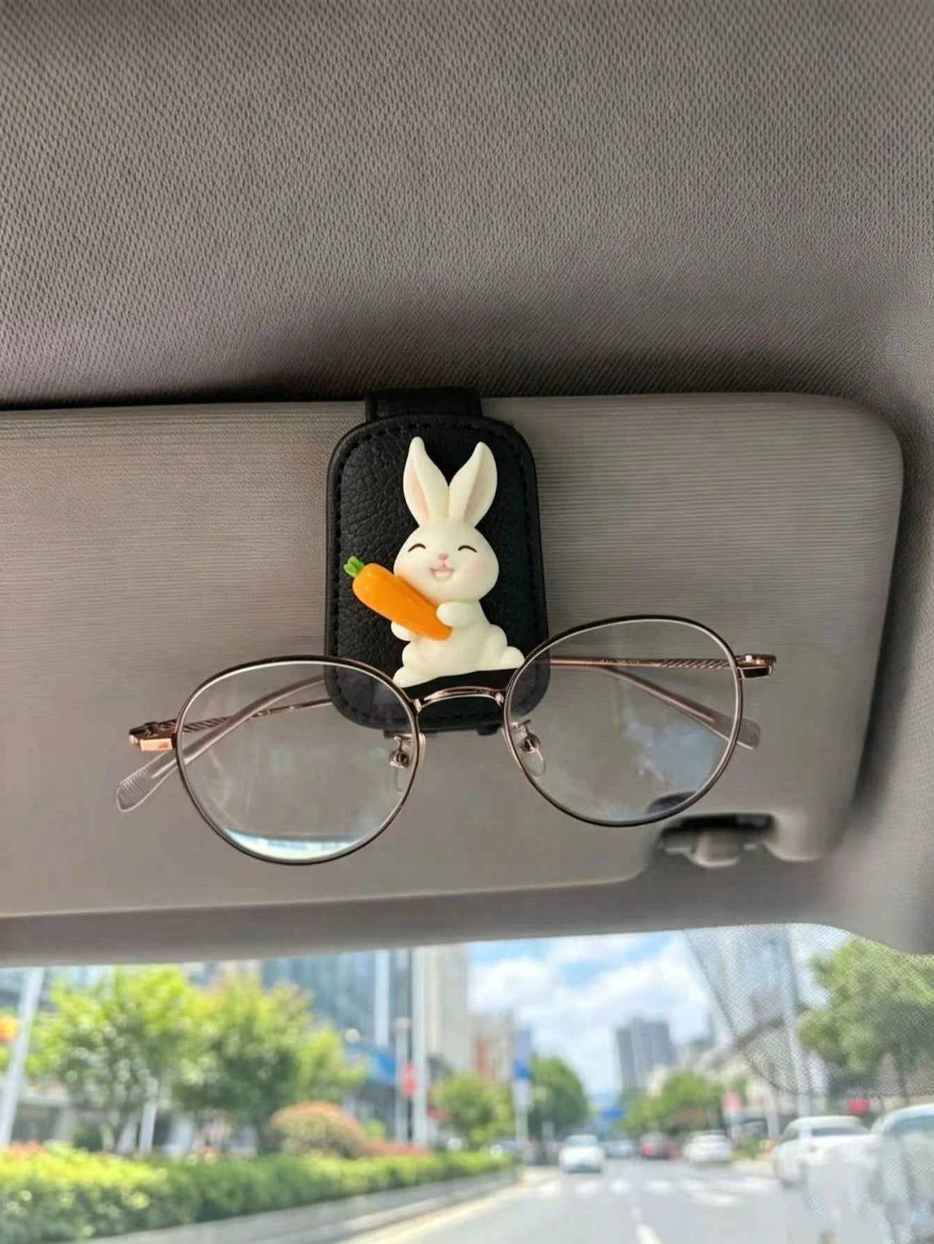 Cute Rabbit Carrot Mushroom Car Visor Glasses Clip, Black Leather Fashion Glasses & Ticket Holder, Soft Adorable Girl Car Interior Storage Accessory