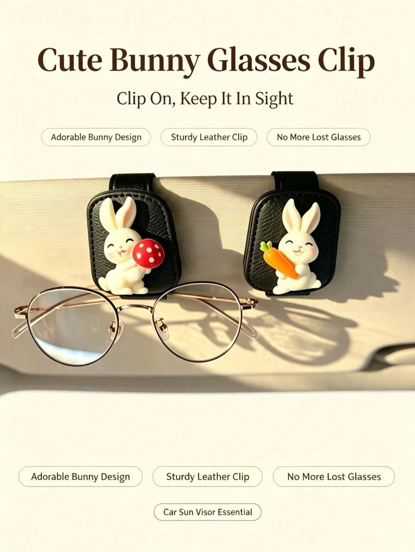 Cute Rabbit Carrot Mushroom Car Visor Glasses Clip, Black Leather Fashion Glasses & Ticket Holder, Soft Adorable Girl Car Interior Storage Accessory