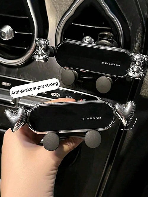 Cute Silver Heart Bear Gravity Car Phone Holder, Universal Air Vent Anti-Shake Car Navigation Bracket, Detachable Washable Upgraded PVC Car Phone Mount, Retractable Invisible Design Firm Clip-On Auto