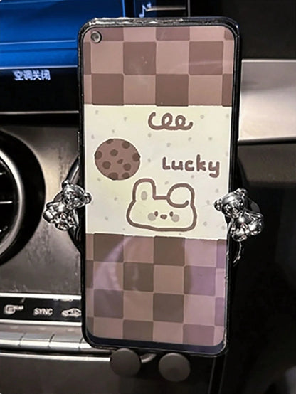 Cute Silver Heart Bear Gravity Car Phone Holder, Universal Air Vent Anti-Shake Car Navigation Bracket, Detachable Washable Upgraded PVC Car Phone Mount, Retractable Invisible Design Firm Clip-On Auto