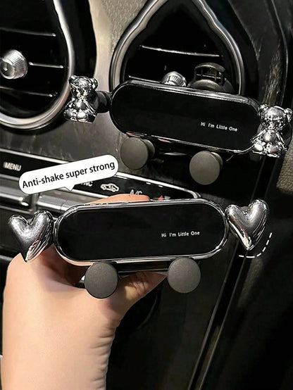 Cute Silver Heart Bear Gravity Car Phone Holder, Universal Air Vent Anti-Shake Car Navigation Bracket, Detachable Washable Upgraded PVC Car Phone Mount, Retractable Invisible Design Firm Clip-On Auto