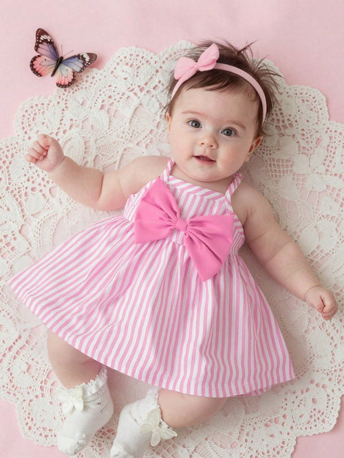 Cute Summer Light Pink & White Striped Sleeveless Strappy Dress For Newborn Girls Decorated With 3D Bow A-Line Flared Birthday Skirt 0-9 Years Old