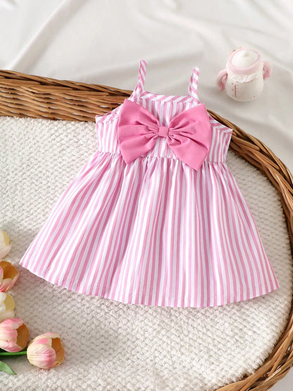 Cute Summer Light Pink & White Striped Sleeveless Strappy Dress For Newborn Girls Decorated With 3D Bow A-Line Flared Birthday Skirt 0-9 Years Old