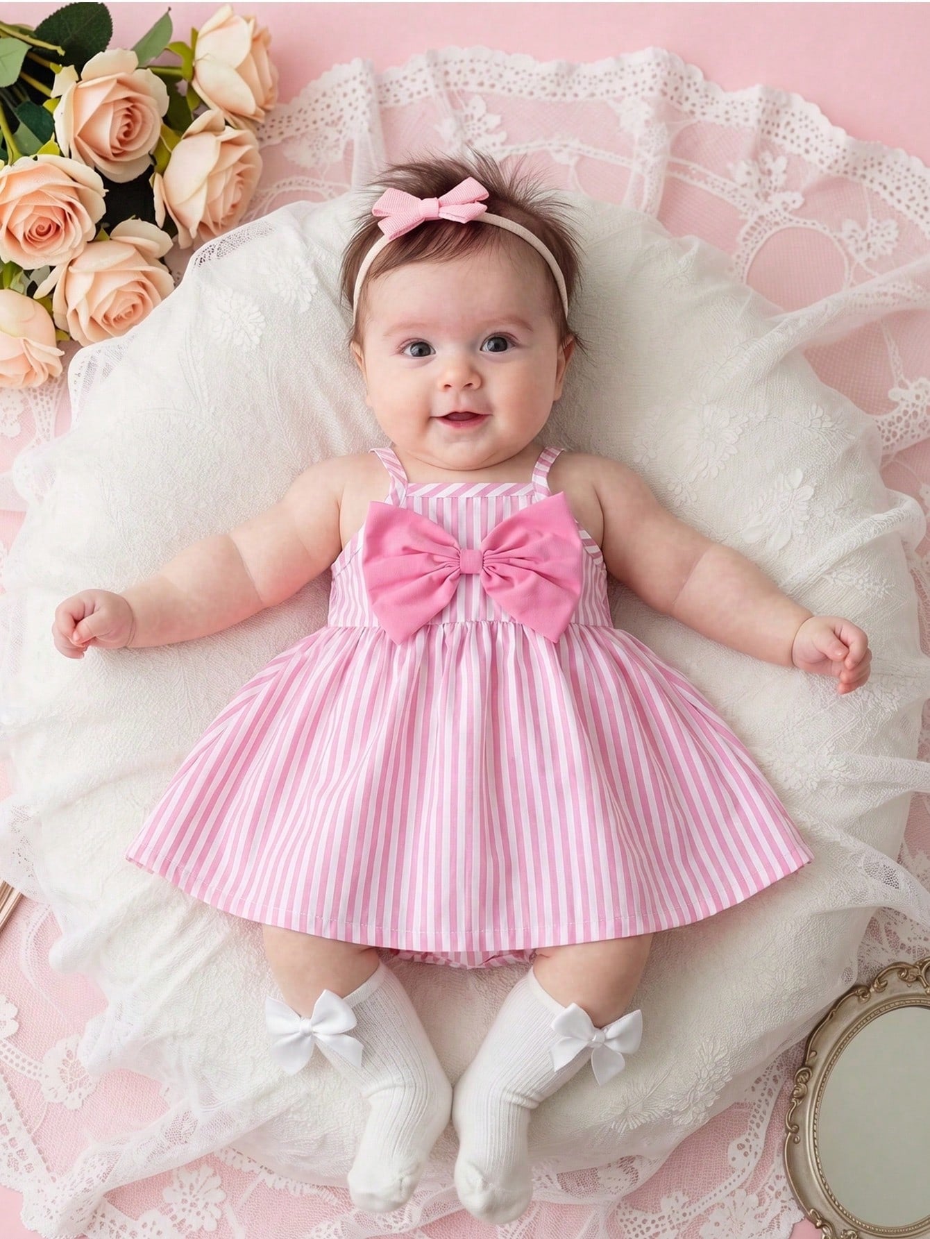 Cute Summer Light Pink & White Striped Sleeveless Strappy Dress For Newborn Girls Decorated With 3D Bow A-Line Flared Birthday Skirt 0-9 Years Old