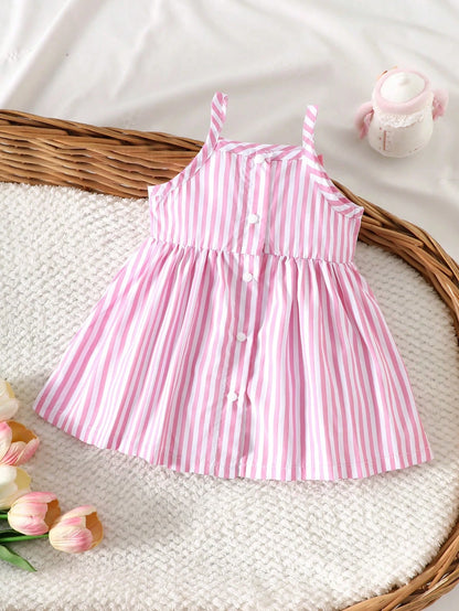 Cute Summer Light Pink & White Striped Sleeveless Strappy Dress For Newborn Girls Decorated With 3D Bow A-Line Flared Birthday Skirt 0-9 Years Old