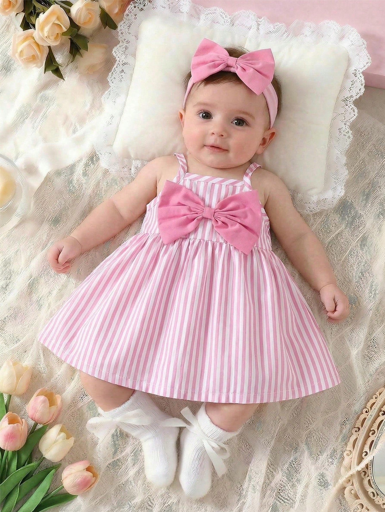 Cute Summer Light Pink & White Striped Sleeveless Strappy Dress For Newborn Girls Decorated With 3D Bow A-Line Flared Birthday Skirt 0-9 Years Old