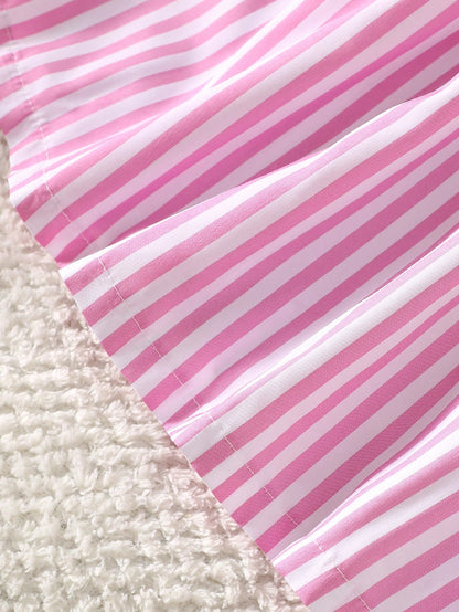 Cute Summer Light Pink & White Striped Sleeveless Strappy Dress For Newborn Girls Decorated With 3D Bow A-Line Flared Birthday Skirt 0-9 Years Old