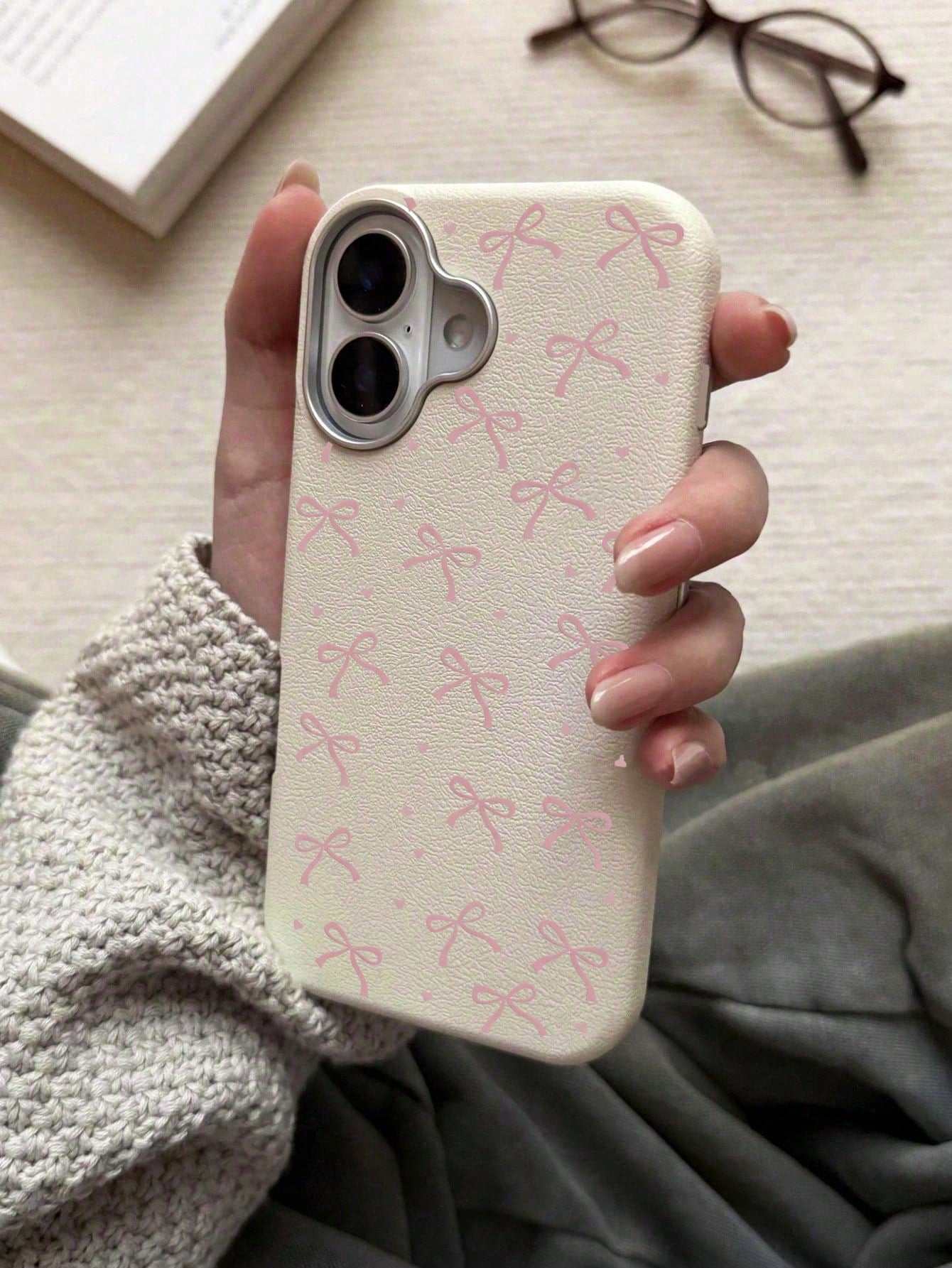 Cute Sweet Style Pink Bow Heart Print Phone Case, Large Hole Simple TPU Soft Anti-Drop White Phone Protective Cover Compatible With IPhone