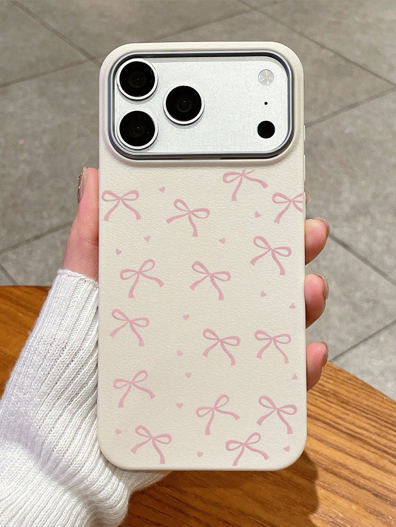 Cute Sweet Style Pink Bow Heart Print Phone Case, Large Hole Simple TPU Soft Anti-Drop White Phone Protective Cover Compatible With IPhone