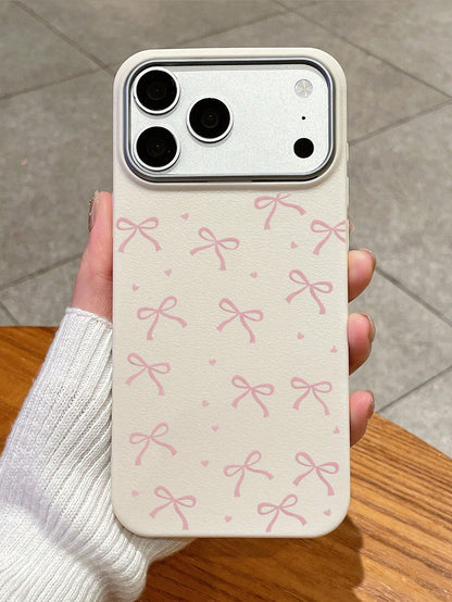 Cute Sweet Style Pink Bow Heart Print Phone Case, Large Hole Simple TPU Soft Anti-Drop White Phone Protective Cover Compatible With IPhone