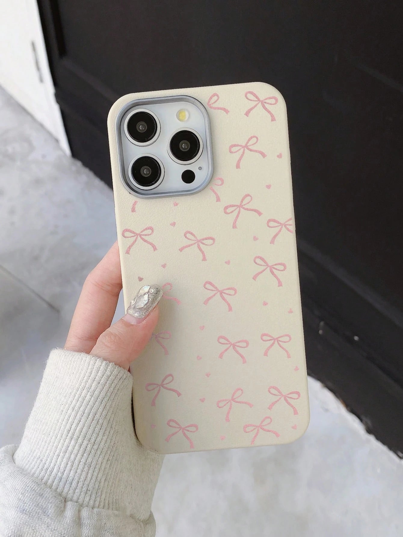 Cute Sweet Style Pink Bow Heart Print Phone Case, Large Hole Simple TPU Soft Anti-Drop White Phone Protective Cover Compatible With IPhone