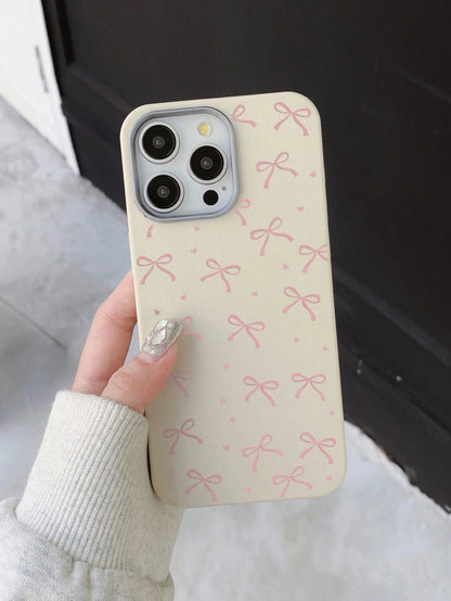 Cute Sweet Style Pink Bow Heart Print Phone Case, Large Hole Simple TPU Soft Anti-Drop White Phone Protective Cover Compatible With IPhone