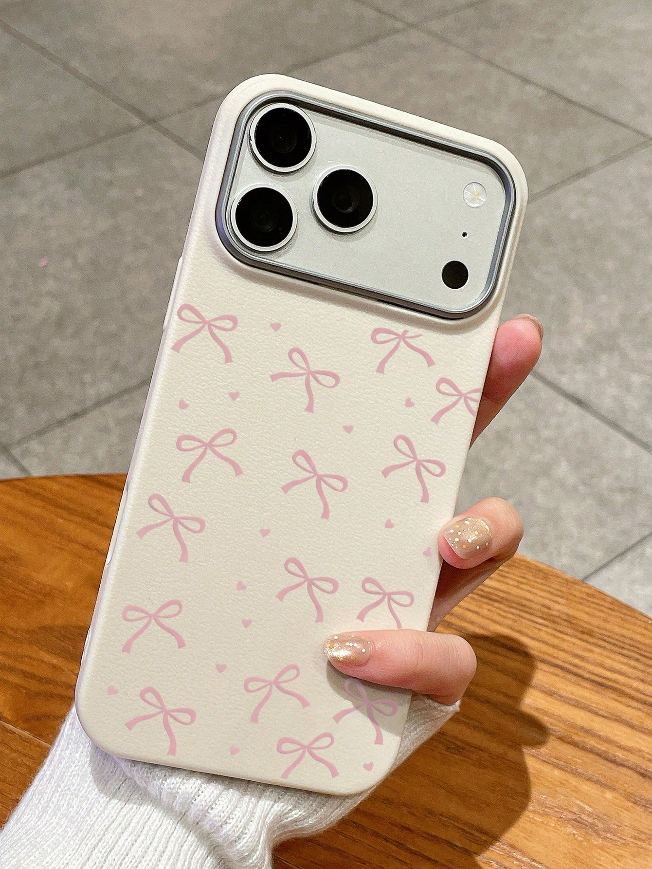 Cute Sweet Style Pink Bow Heart Print Phone Case, Large Hole Simple TPU Soft Anti-Drop White Phone Protective Cover Compatible With IPhone