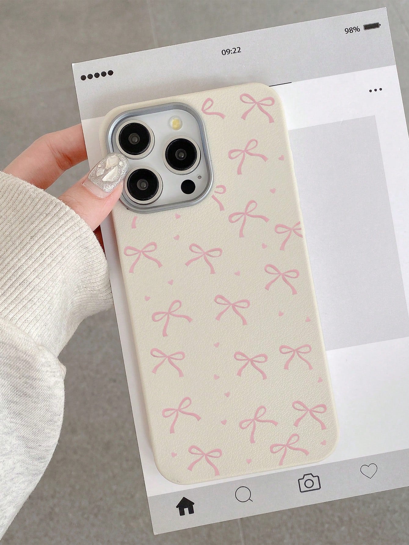 Cute Sweet Style Pink Bow Heart Print Phone Case, Large Hole Simple TPU Soft Anti-Drop White Phone Protective Cover Compatible With IPhone
