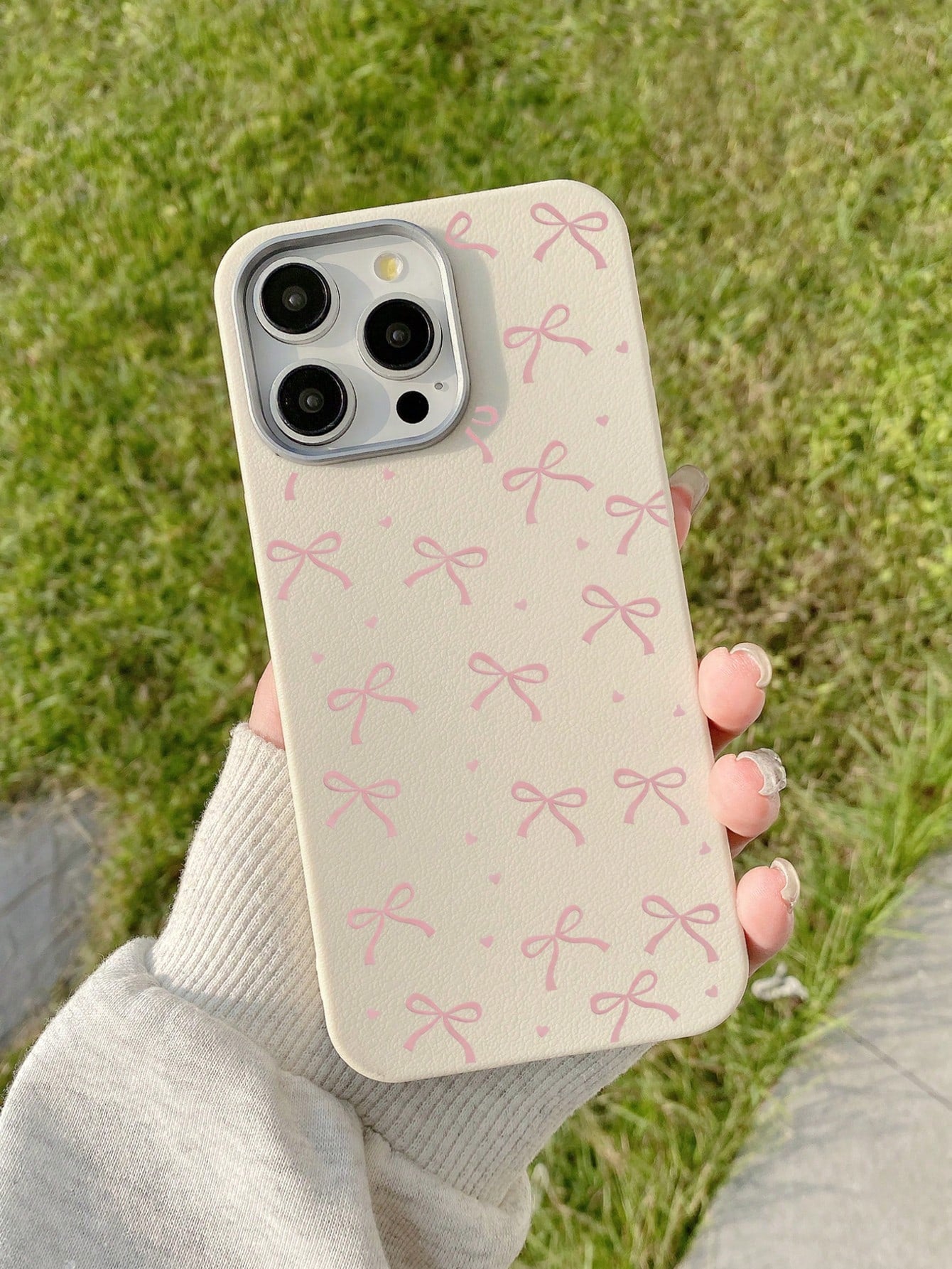 Cute Sweet Style Pink Bow Heart Print Phone Case, Large Hole Simple TPU Soft Anti-Drop White Phone Protective Cover Compatible With IPhone