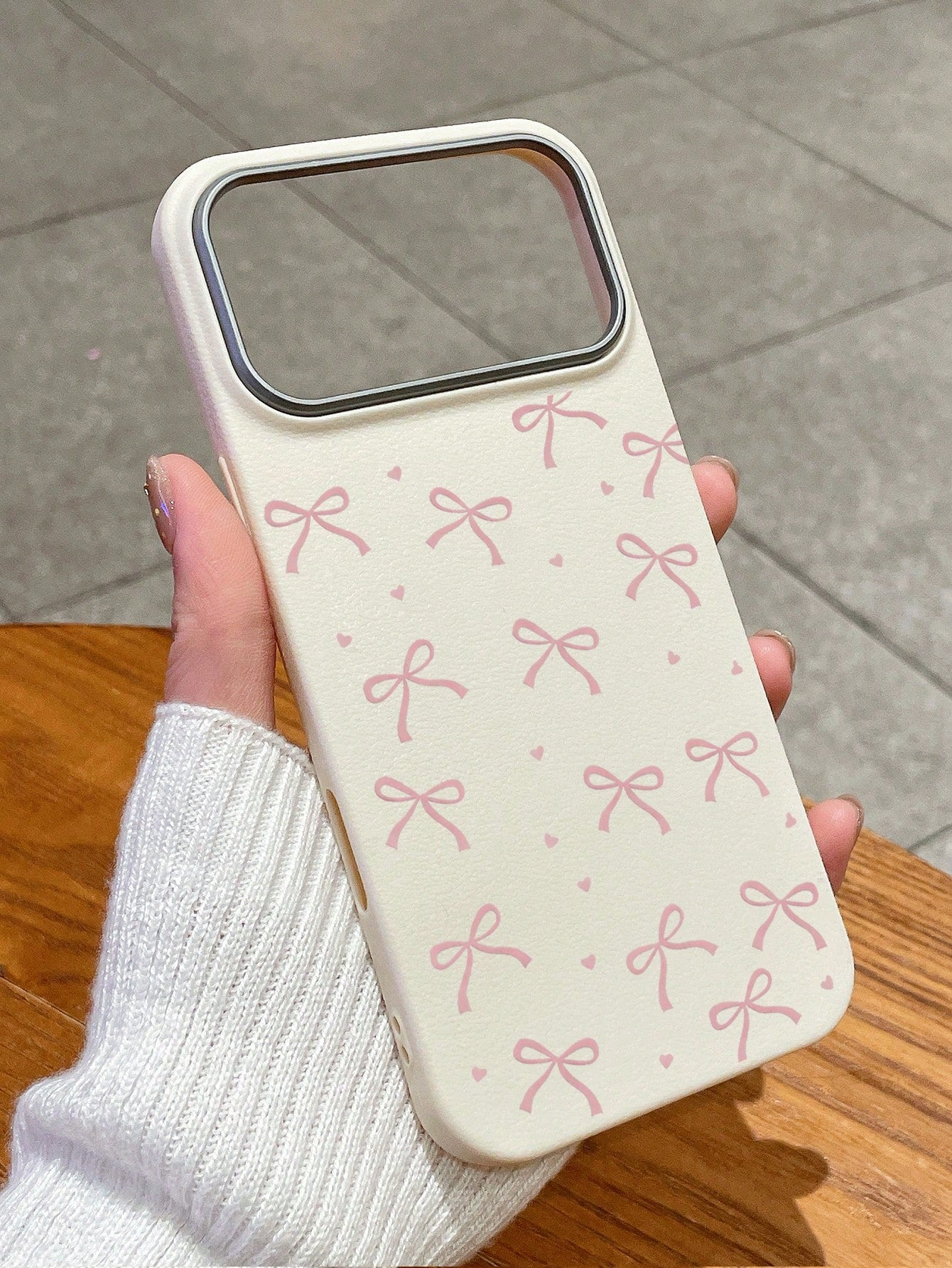 Cute Sweet Style Pink Bow Heart Print Phone Case, Large Hole Simple TPU Soft Anti-Drop White Phone Protective Cover Compatible With IPhone