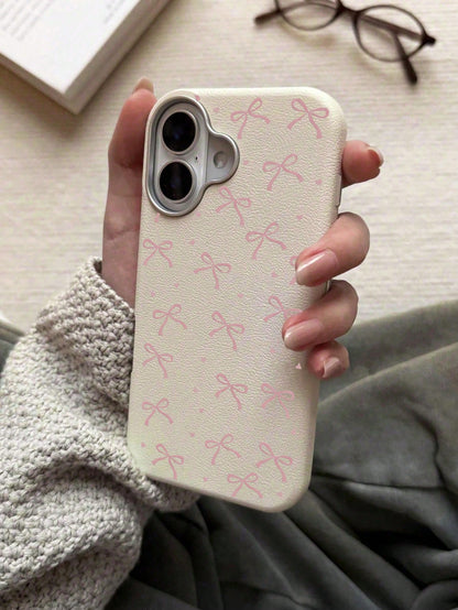 Cute Sweet Style Pink Bow Heart Print Phone Case, Large Hole Simple TPU Soft Anti-Drop White Phone Protective Cover Compatible With IPhone