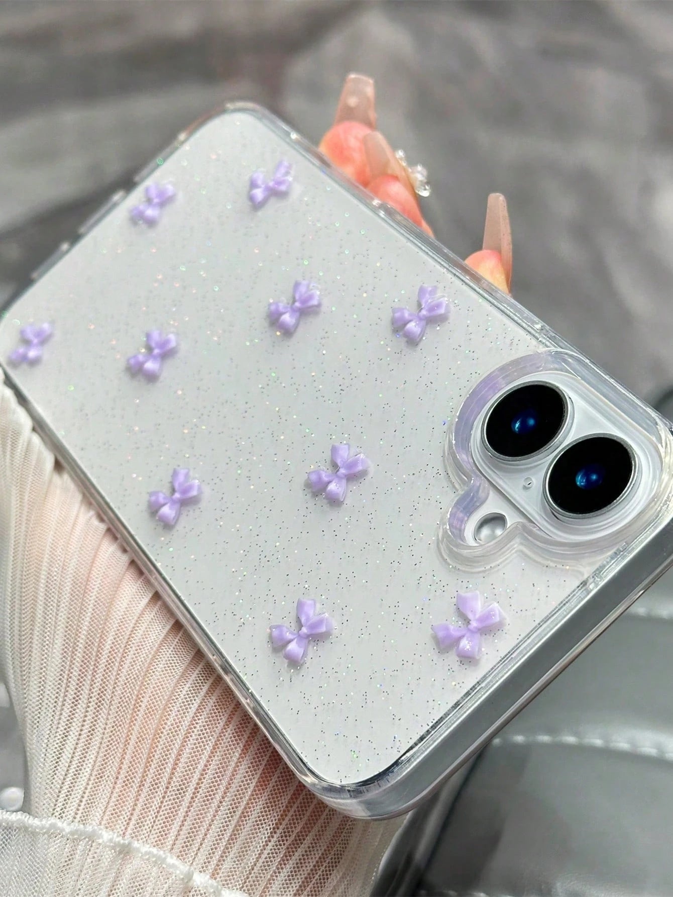 Cute TPU Bow Element Fashion Shockproof 3D Purple Bow Glitter Sequin Epoxy Resin Transparent Background Phone Case Compatible With Iphone 17/17Air/17Pro/17ProMax/16/15/14/13/12/11/X/XS/XR/Mini/Pro Max