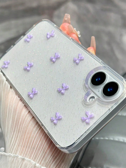 Cute TPU Bow Element Fashion Shockproof 3D Purple Bow Glitter Sequin Epoxy Resin Transparent Background Phone Case Compatible With Iphone 17/17Air/17Pro/17ProMax/16/15/14/13/12/11/X/XS/XR/Mini/Pro Max
