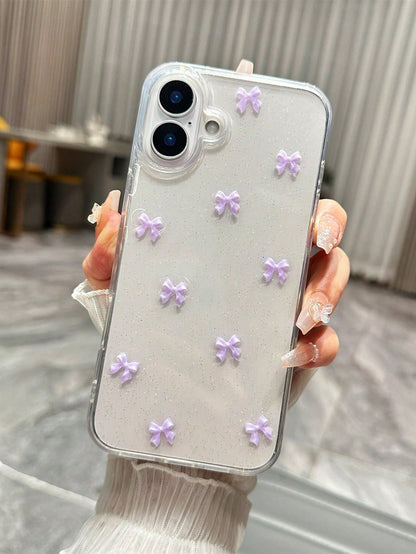 Cute TPU Bow Element Fashion Shockproof 3D Purple Bow Glitter Sequin Epoxy Resin Transparent Background Phone Case Compatible With Iphone 17/17Air/17Pro/17ProMax/16/15/14/13/12/11/X/XS/XR/Mini/Pro Max