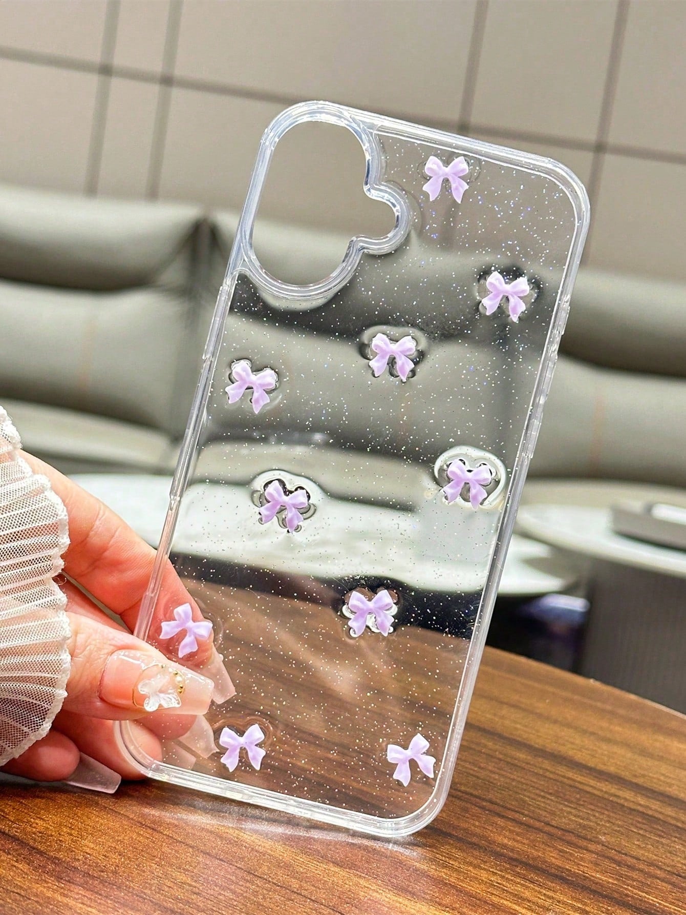Cute TPU Bow Element Fashion Shockproof 3D Purple Bow Glitter Sequin Epoxy Resin Transparent Background Phone Case Compatible With Iphone 17/17Air/17Pro/17ProMax/16/15/14/13/12/11/X/XS/XR/Mini/Pro Max